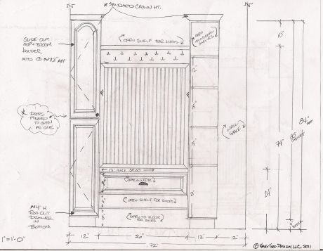 dimensioned elevation of entry broom closet and coat rack cabinet design